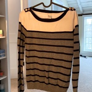 Small sweater. Forever 21. Gray, cream, & navy blue. Gold buttons on shoulders.